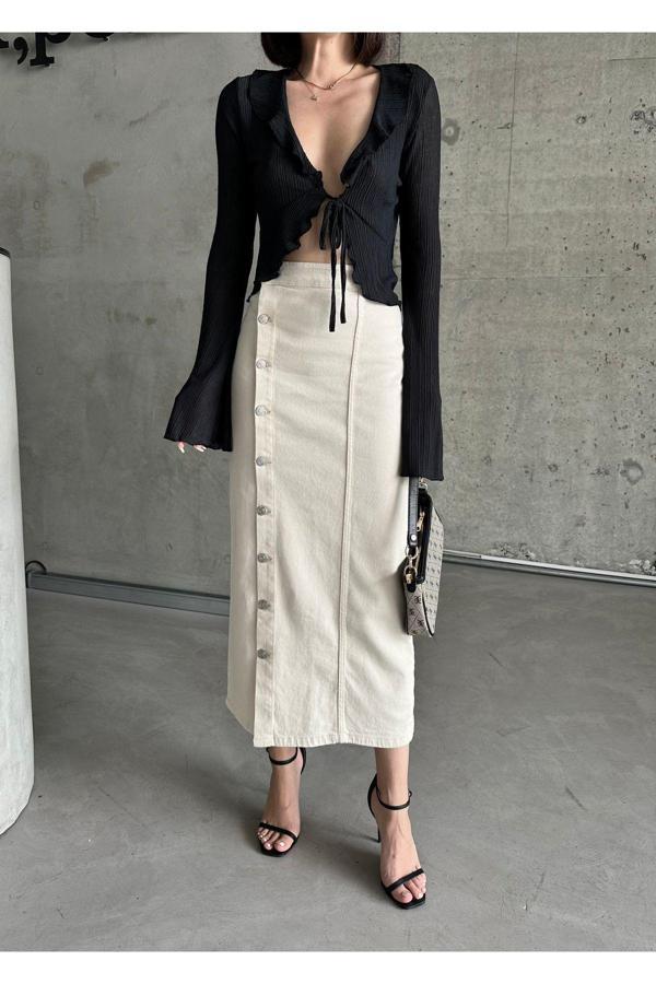 Cms Jeans Kadın Önü Düğmeli Maxi Boy Bej Rengi Likralı Denim Etek Bej 2XL - Image 1