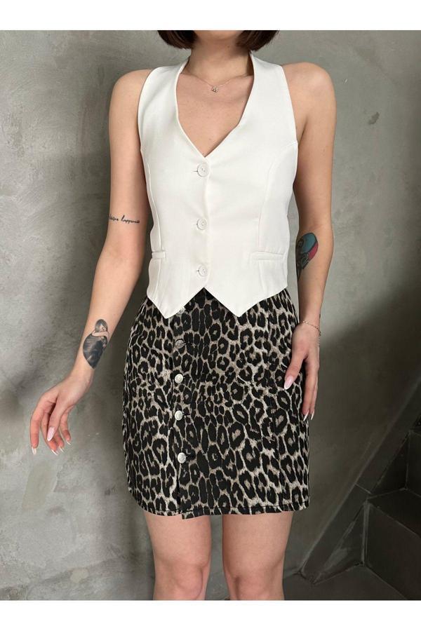 Swet Shop Jeans Kadın Yüksek Bel Leopar Desen Önü Düğmeli Mini Denim Etek Gri XL - Image 1