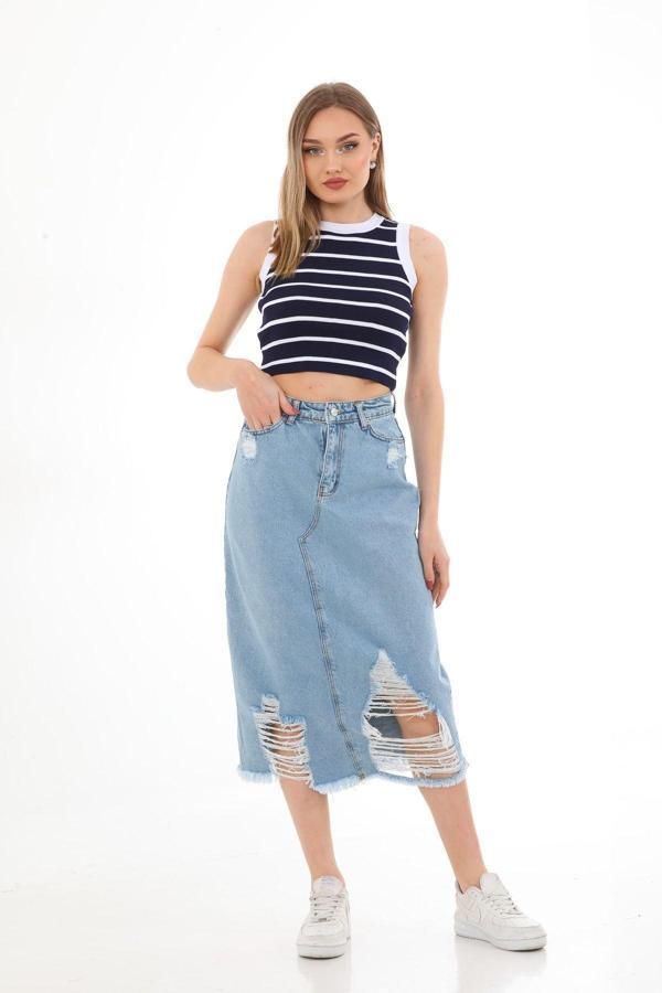 Swet Shop Jeans Kadın Açık Kar Yıkama Lazer Püsküllü Likrasız Kot Etek Açık Mavi XL - Image 1