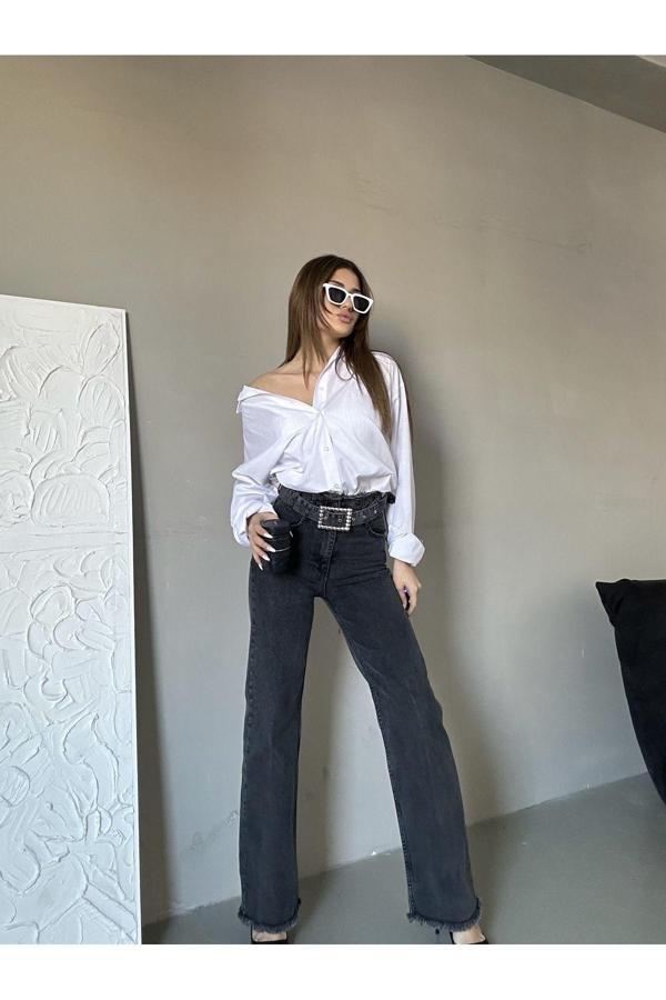 Cms Jeans Kadın Yüksek Bel Kemerli Bel Püskül Paça Püskül Siyah Kar Yıkama Likralı Palazzo Jean Gri 38-28 - Image 1