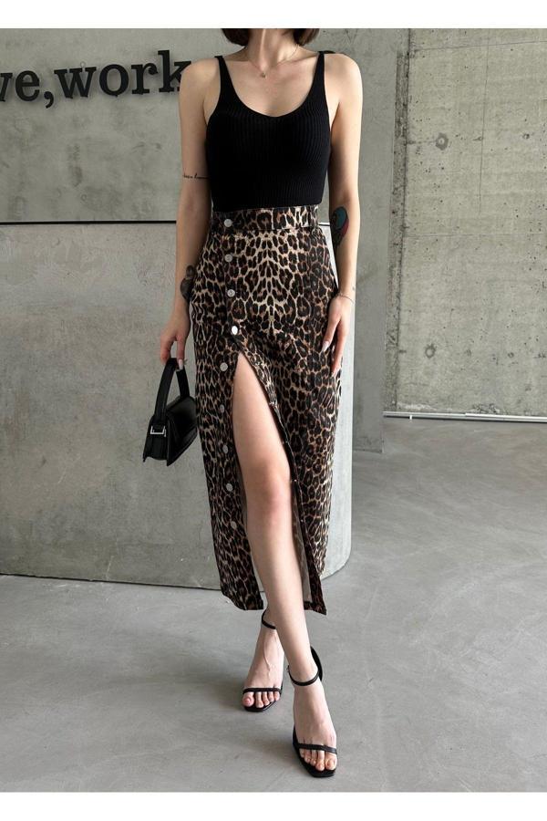 Swet Shop Jeans Kadın Önü Düğmeli Uzun Boy Kahverengi Siyah Leopar Desenli Likralı Kot Etek Kahverengi 2XL - Image 1