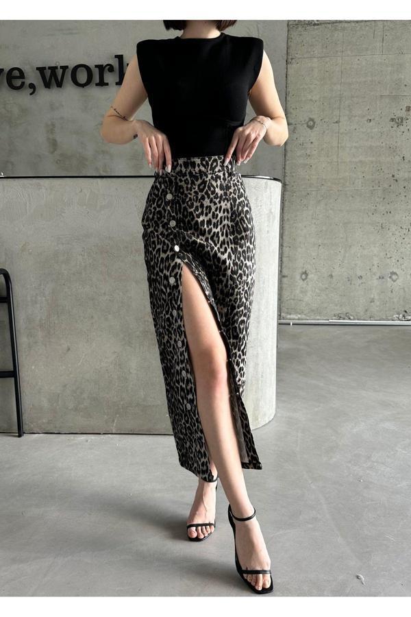 Swet Shop Jeans Kadın Önü Düğmeli Uzun Boy Siyah Beyaz Leopar Desenli Likralı Kot Etek Siyah L - Image 1