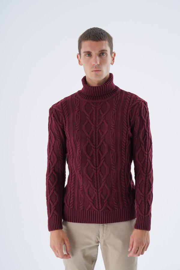Trist Star Erkek Bordo Balıkçı Yaka Yürütme Saç Örgülü Yün Triko Örme Kazak Trıst-5338 - Image 1