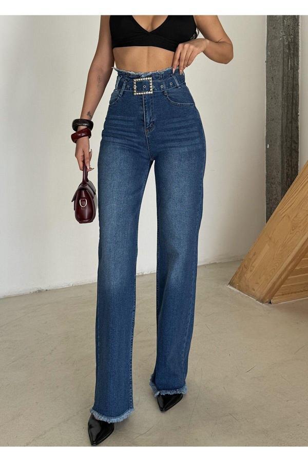 Swet Shop Jeans Kadın Yüksek Bel Soluk Efekt Vintage Kemerli , Bel Püskül Paça Püskül Palazzo Jean Koyu Mavi 42-30 - Image 1