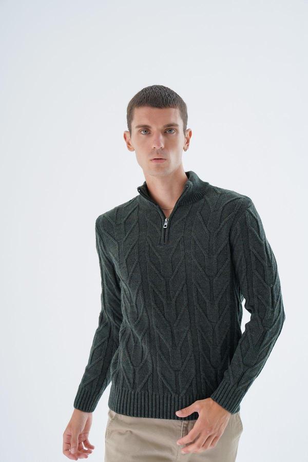 Trist Star Erkek Haki Dik Yaka Kısa Fermuarlı Yürütme Örgülü Yün Triko Örme Kazak Trıst-5344 - Image 1