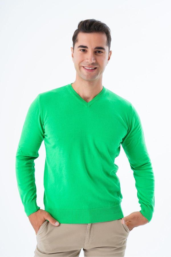 Trist Star Çimen Yeşili Erkek Pamuklu V Yaka Triko Kazak - Image 1