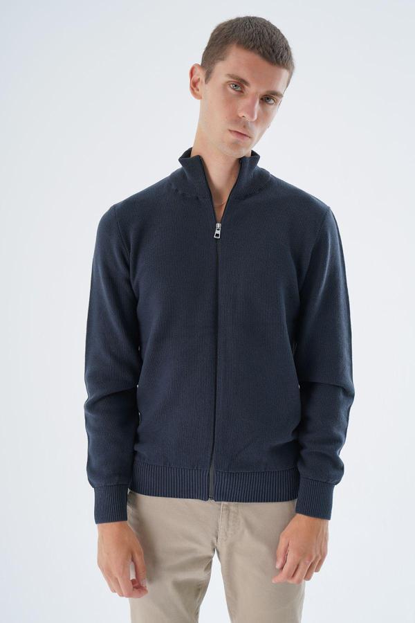 Trist Star Lacivert Erkek %100 Pamuklu Fermuarlı Dik Yaka Triko Hırka Trıst-1190 - Image 1