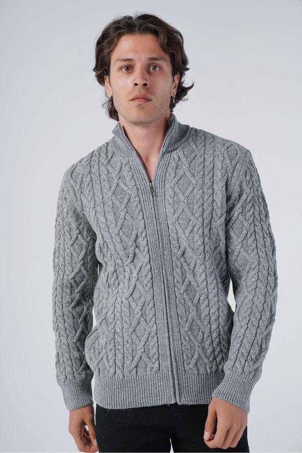 Trist Star Gri Erkek Arka Fitilli Dik Yaka Fermuarlı Triko Yün Hırka Trıst-5299 - Image 1