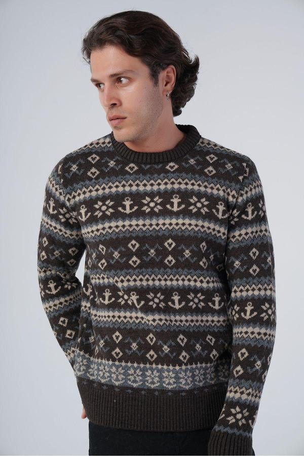 Trist Star Kahve Erkek Jakarlı Çapa Desen Bisiklet Yaka Triko Yün Kazak - Image 1