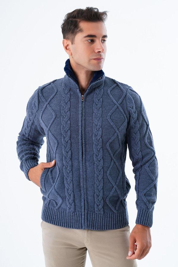 Trist Star Erkek İndigo Yakası Kürklü Saç Örgü Yürütme Fermuarlı Cepli Yün Triko Örme Hırka Trıst-5329 - Image 1