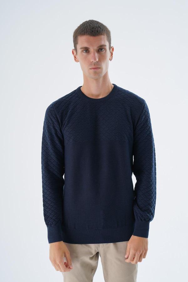 Trist Star Erkek Lacivert Bisiklet Yaka Baklava Desenli Linx %100 Pamuk Triko Kazak Trıst-1202 - Image 1