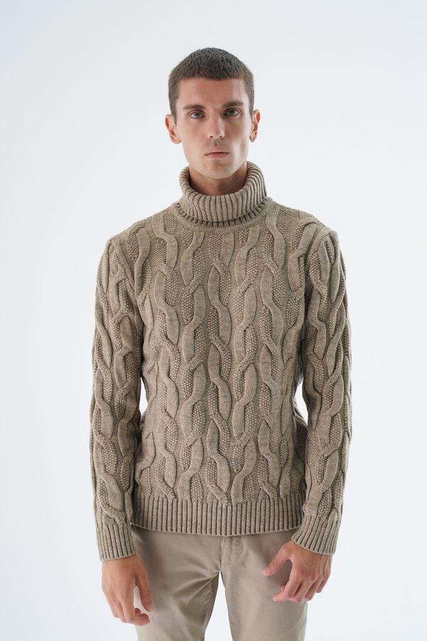 Trist Star Erkek Vizon Balıkçı Yaka Pirinç Saç Örgülü Yün Triko Örme Kazak Trıst-5337 - Image 1