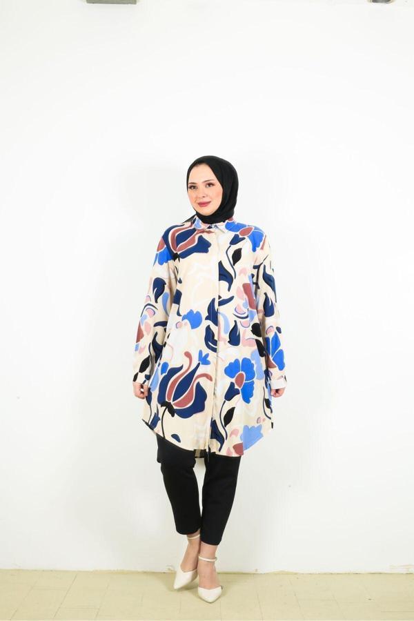 Swet Shop Jeans Kadın Büyük Beden Battal Mavi Beyaz Renk Dokuma Viskon Kumaş Tunik Mavi 52 - Image 1