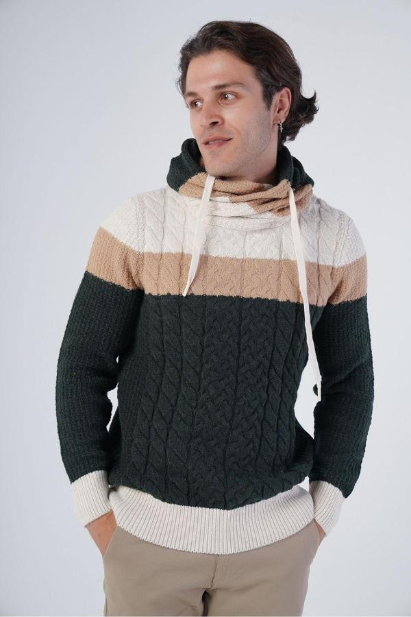 Trist Star Bej-Haki Erkek Saç Örgülü Desenli Şal Yaka Triko Yün Kazak - Image 1