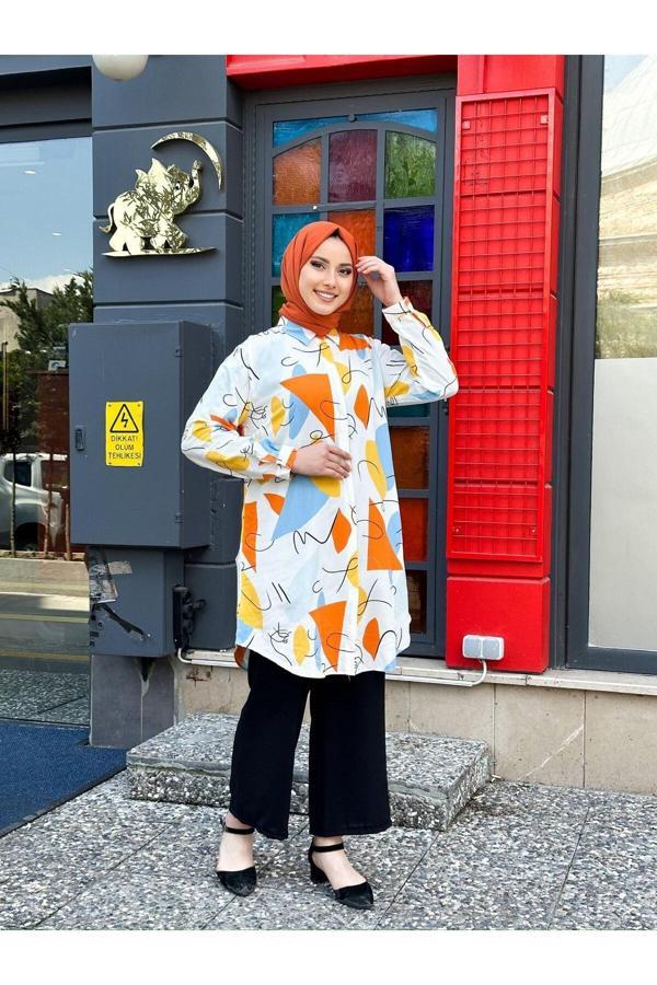 Swet Shop Jeans Kadın Büyük Beden Battal Turuncu Beyaz Renk Dokuma Viskon Kumaş Tunik Turuncu 48 - Image 1