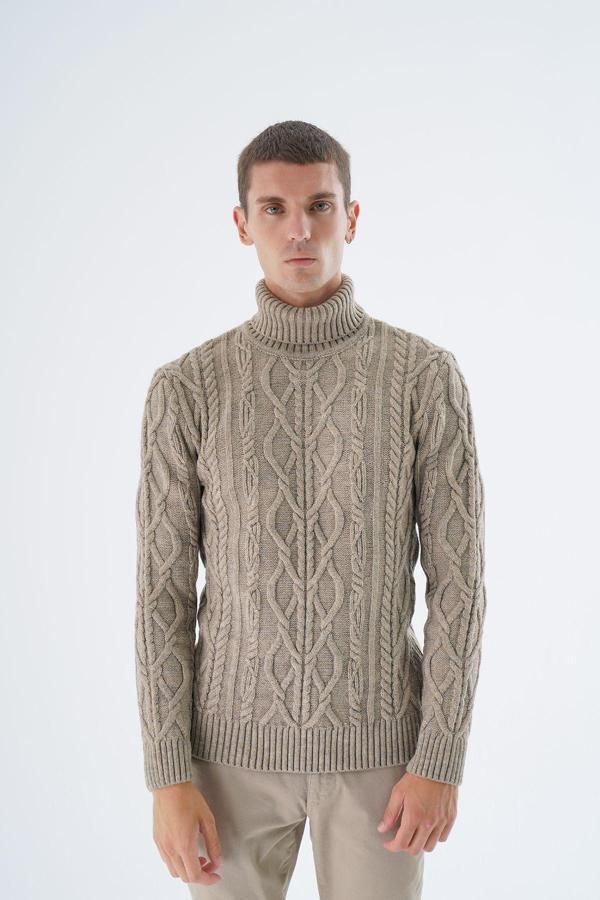 Trist Star Erkek Vizon Balıkçı Yaka Yürütme Saç Örgülü Yün Triko Örme Kazak Trıst-5338 - Image 1