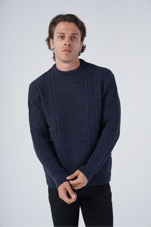 Trist Star Lacivert Erkek Yürütme Saç Örgülü Bisiklet Yaka Triko Yün Kazak - Image 1