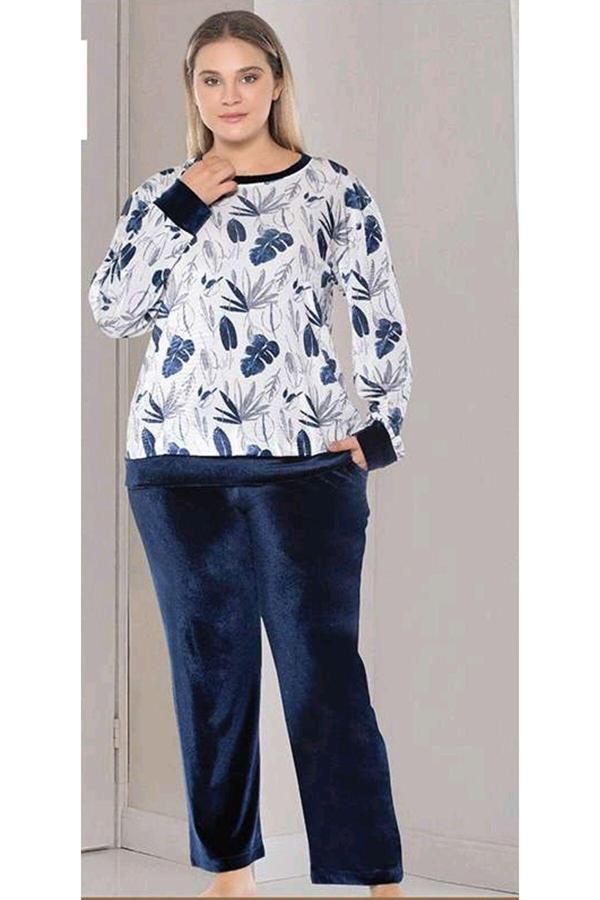 Flz Büyük Beden Uzun Kol Kadife Şık Pijama Takımı Lacivert 4XL - Image 1