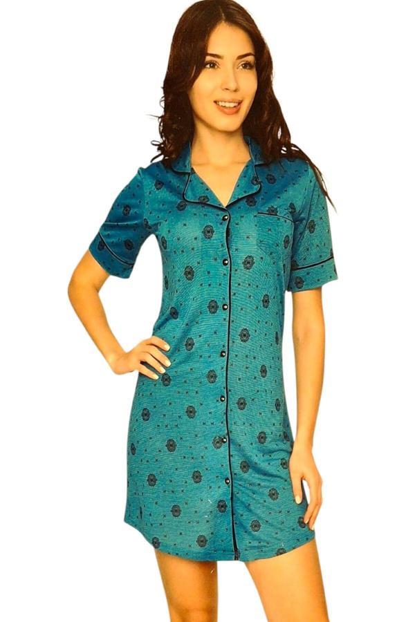 Flz Boy Düğmeli Kısa Kol Gömlek Gecelik - Mini Ev Elbisesi Yeşil S - Image 1