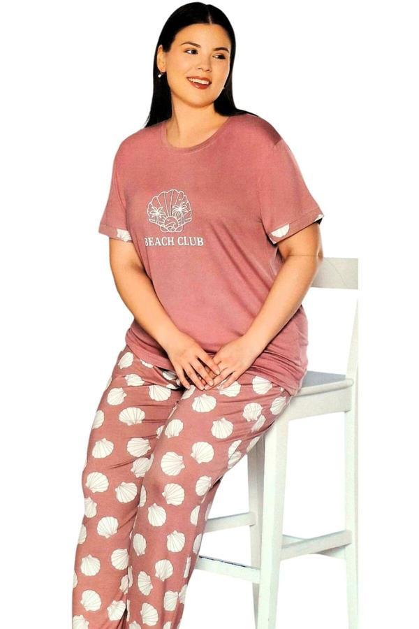 Flz Büyük Beden Kısa Kol Yazlık Pijama Takımı - Anne Pijama Gül Kurusu 6XL - Image 1