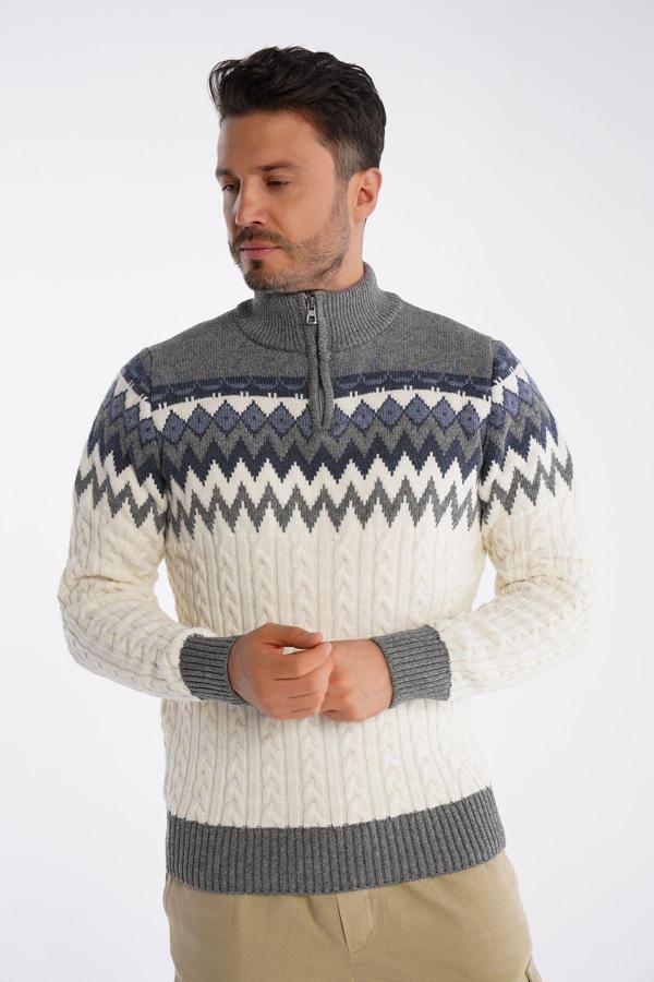 Trist Star Erkek Kemik Dik Yaka Fermuarlı Saç Örgülü Jakarlı Desenli Triko Yün Kazak Trist-5323 - Image 1