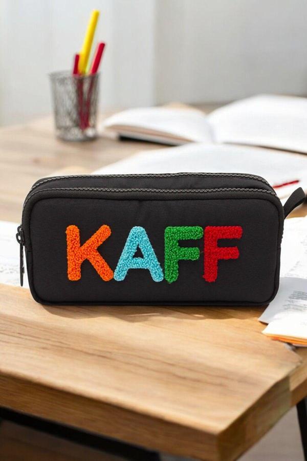 Kaff Siyah Su Geçirmez Bondit Kumaş Peluş Baskılı Çift Gözlü Kalemlik Kalem Kutusu-01108 - Image 1