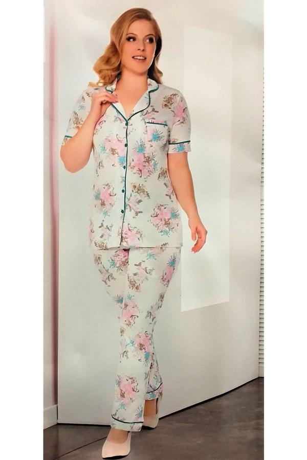 Flz Büyük Beden Önden Düğmeli Kısa Kol Pijama Takımı Çiçekli Turkuaz 2XL - Image 1