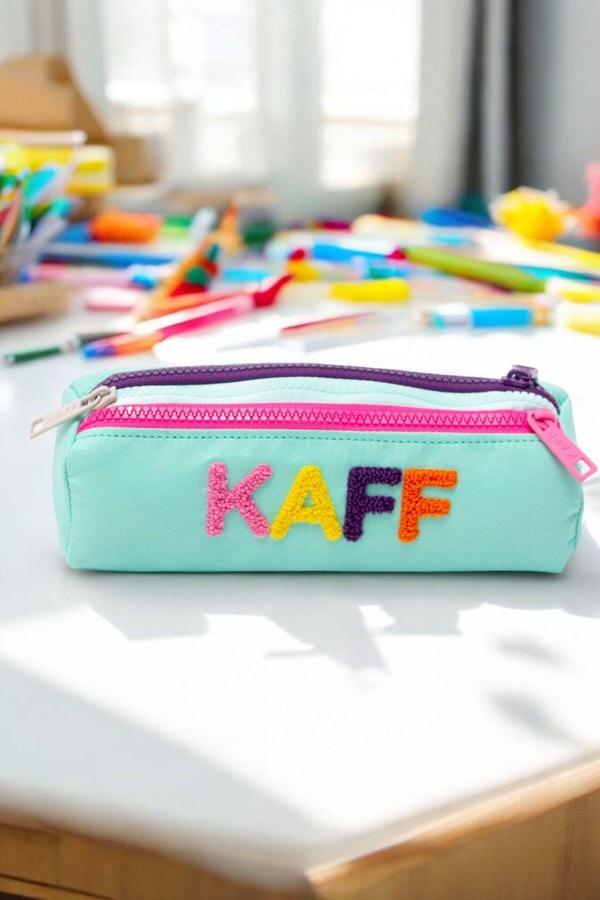 Kaff 01109 Mint Yeşil Üç Gözlü Renkli Fermuar Su Geçirmez Bondit Kumaş Peluş Baskıl Kalem Kutusu Kalemlik - Image 1