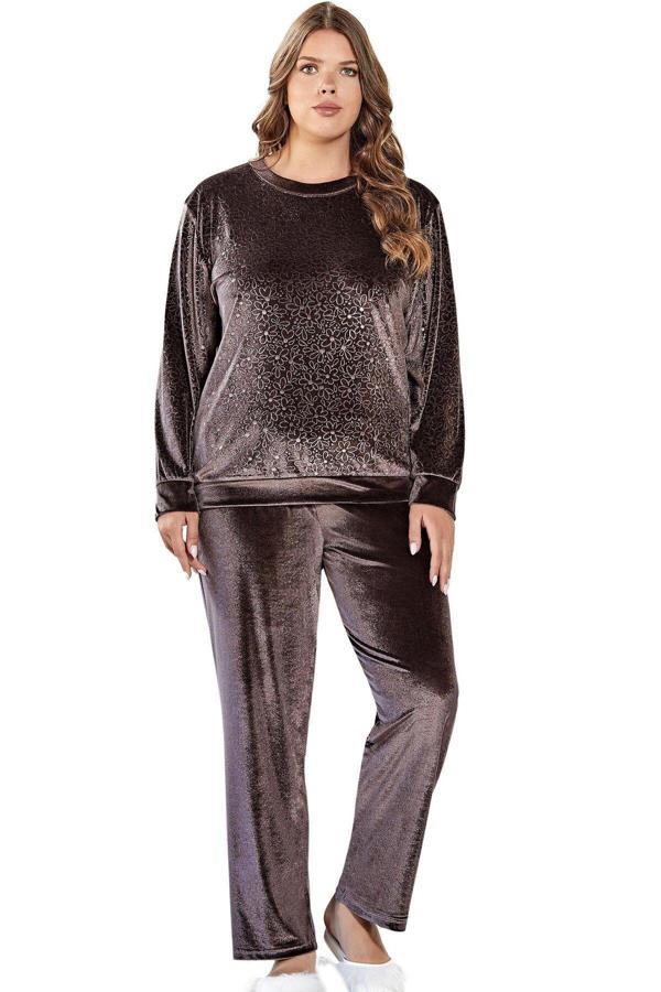 Flz Büyük Beden Uzun Kol Şık Kadife Pijama Takımı Kahve Kahverengi 3XL - Image 1
