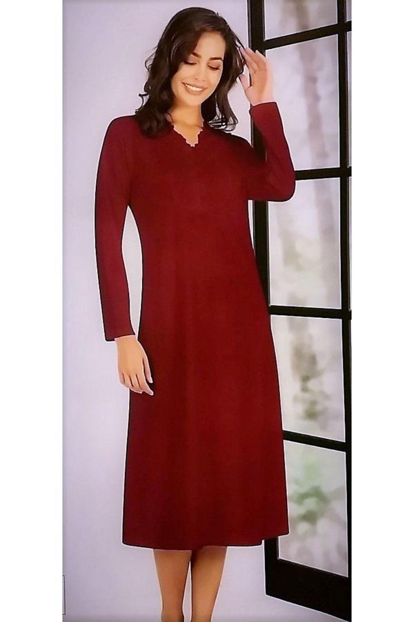 Flz Dantel Detaylı Uzun Kol Gecelik Bordo Bordo 2XL - Image 1