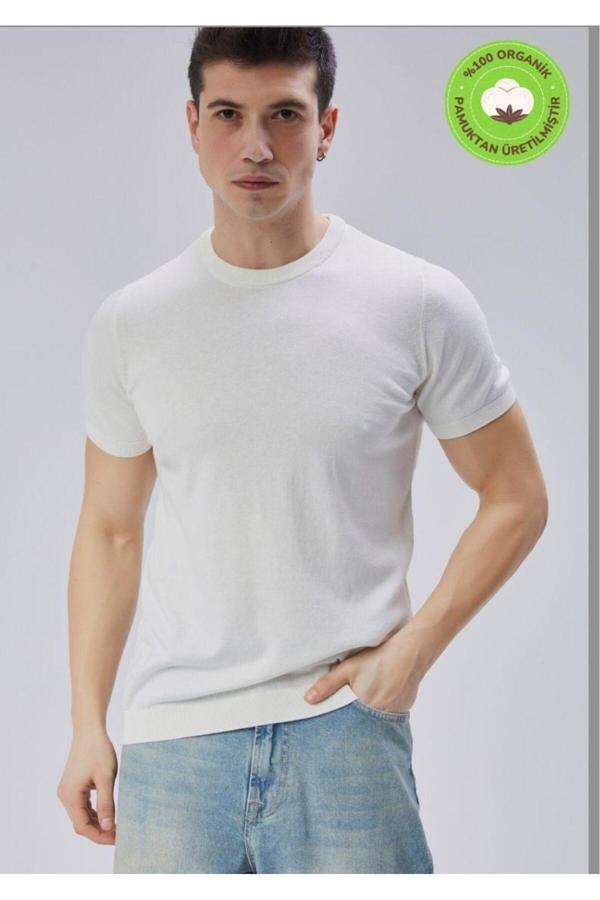 Trist Star Erkek Ekru %100 Pamuk Bisiklet Yaka Kısa Kollu Triko Kazak Trıst-7106 - Image 1