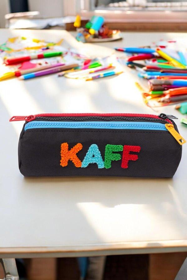Kaff 01109 Siyah Üç Gözlü Renkli Fermuar Su Geçirmez Bondit Kumaş Peluş Baskılı Kalem Kutusu Kalemlik - Image 1