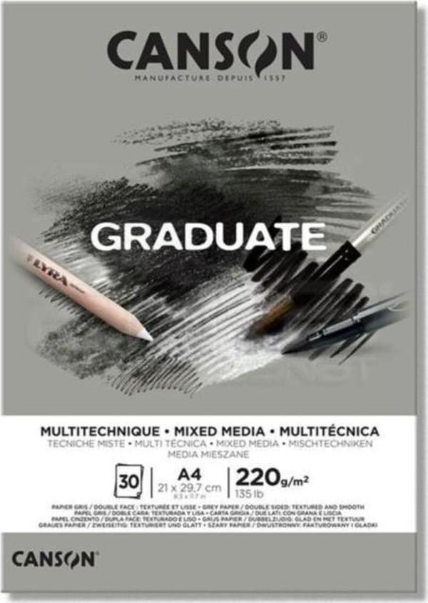 Canson A4 Çizim Bloğu (Çizim Defteri) Graduate Mix Media Gri 30 Yaprak 220 Gram 400110371 - Image 1