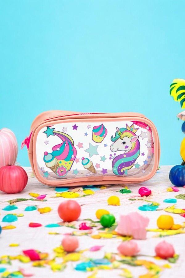 Kaff 01112 Pembe Renk Unicorn Desenli Şeffaf Su Geçirmez Tek Bölmeli Kalem Kutusu - Image 1