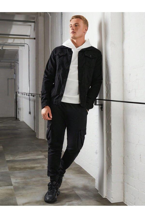 Swet Shop Jeans Erkek Düğmeli Siyah Gabardin Ceket Siyah S - Image 1