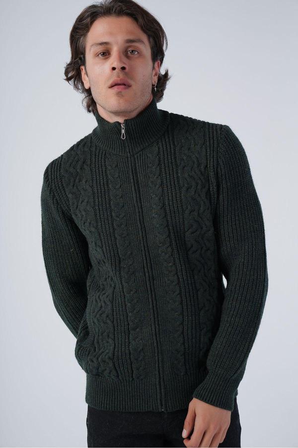 Trist Star Haki Erkek Saç Yürütme Arka Kol Selanik Dik Yaka Cepli Triko Yün Hırka Trıst-5298 - Image 1