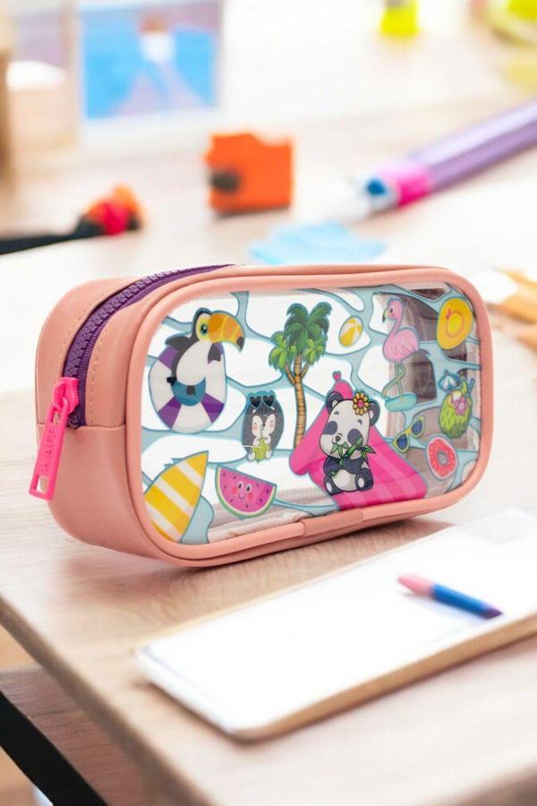 Kaff 01112 Pembe Renk Panda Desenli Şeffaf Su Geçirmez Tek Bölmeli Kalem Kutusu - Image 1