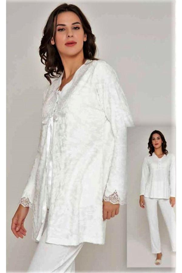 Marilyn Sabahlıklı 3'İü Pijama Takımı Ekru Ekru 2XL - Image 1