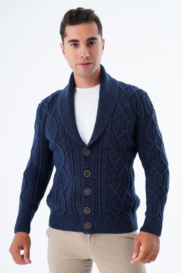 Trist Star Erkek Lacivert Şal Yaka Yürütme Saç Örgülü Düğmeli Yün Triko Örme Hırka Trıst-5341 - Image 1