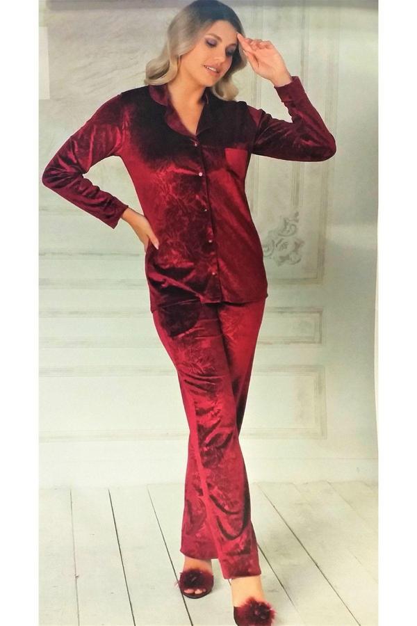 Flz Kadife Pijama Takımı Boy Düğmeli Bordo Bordo S - Image 1