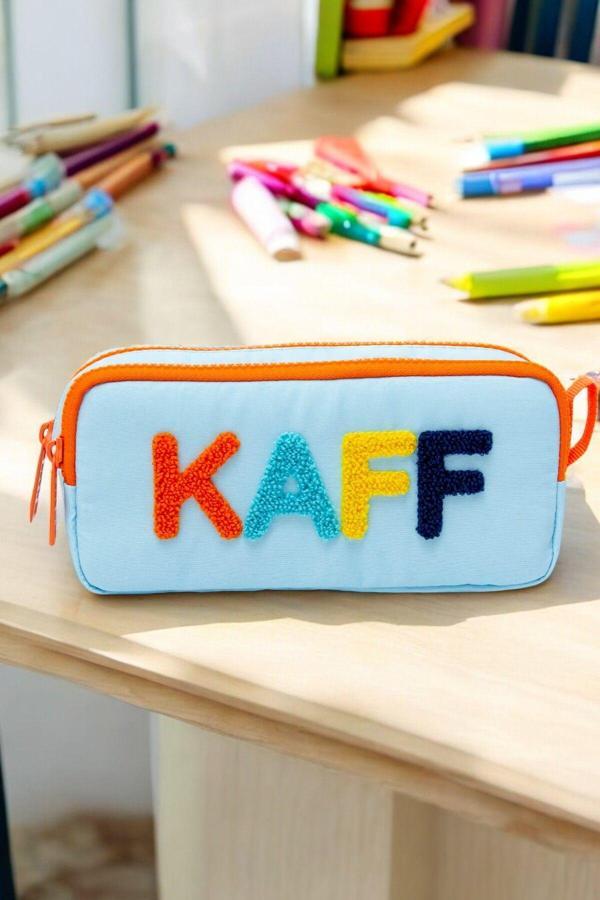Kaff 01108 Mavi Renk Turuncu Fermuarlı Su Geçirmez Bondit Kumaş Peluş Baskılı Çift Gözlü Kalemlik - Image 1