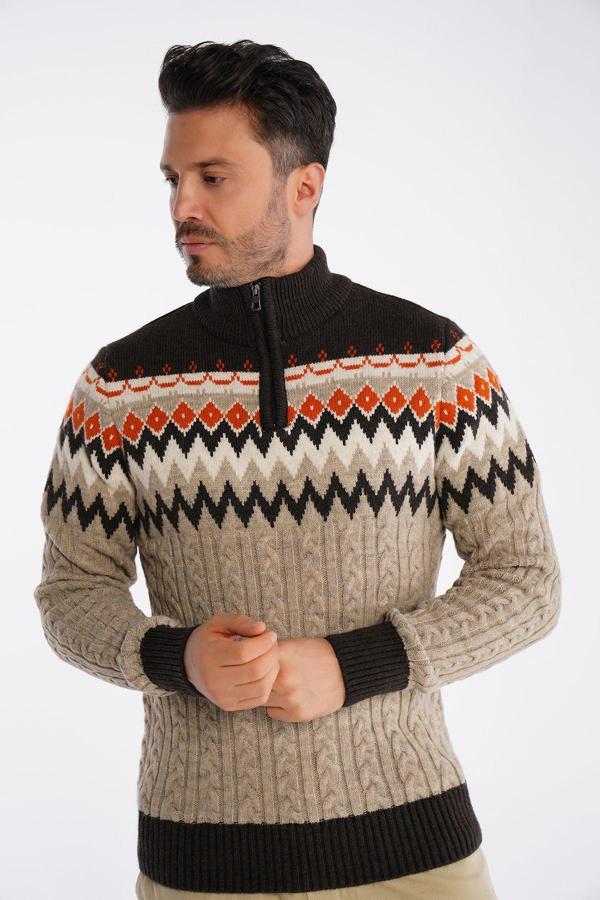 Trist Star Erkek Vizon Dik Yaka Fermuarlı Saç Örgülü Jakarlı Desenli Triko Yün Kazak Trist-5323 - Image 1