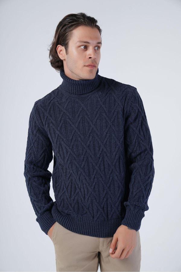 Trist Star Lacivert Erkek Yürütme Saç Örgülü Çarpı Desenli Balıkçı Yaka Triko Yün Kazak - Image 1