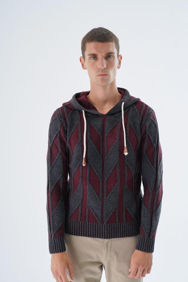 Trist Star Erkek Antrasit Kapüşonlu Çift Renkli Vanezalı Yün Triko Örme Kazak Trıst-5333 - Image 1