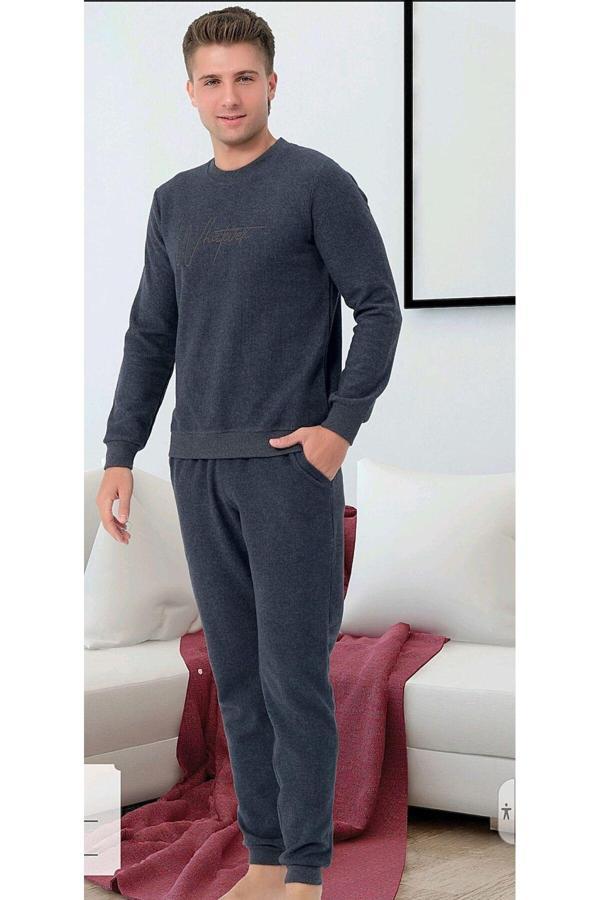 Erse %100 Pamuk Selanik Örme Uzun Kol Erkek Pijama Takımı Kışlık Gri M - Image 1