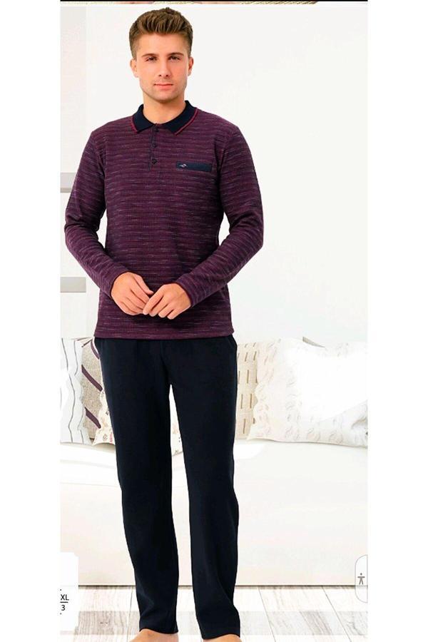 Erse %100 Pamuk Selanik Örme Uzun Kol Erkek Pijama Takımı Kışlık Bordo M - Image 1