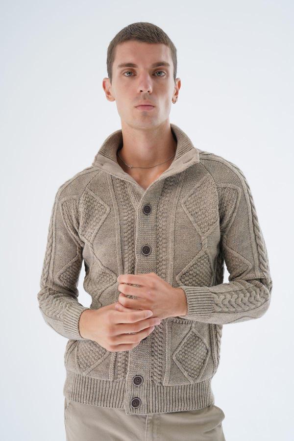 Trist Star Erkek Vizon Dik Yaka Düğmeli Yürütmeli Saç Örgülü Cepli Yün Triko Örme Hırka Trıst-5326 - Image 1