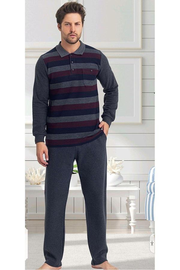 Erse %100 Pamuk Selanik Örme Uzun Kol Erkek Pijama Takımı Kışlık Bordo M - Image 1