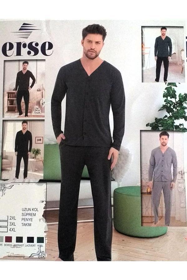 Erse Büyük Beden Önden Düğmeli Uzun Kol Pamuklu Erkek Pijama Takımı Antrasit 2XL - Image 1