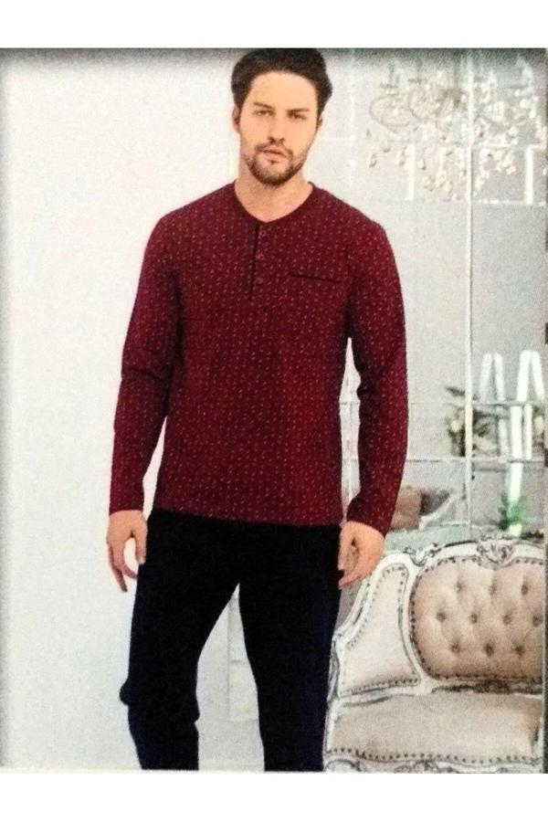 Erse Büyük Beden Uzun Kol Pamuklu Penye Erkek Pijama Takımı Bordo 2XL - Image 1